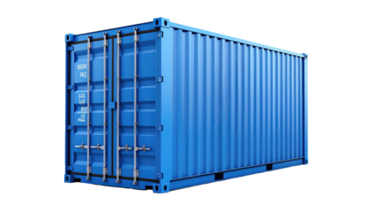 Angled perspective of a clean, bright blue shipping container against a black background