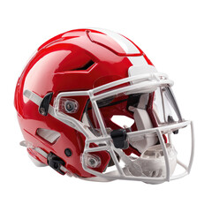 Fototapeta premium Glossy red football helmet with a white stripe and a transparent visor against a dark gray backdrop