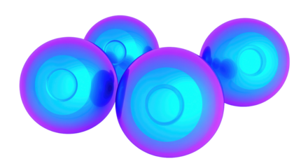 Group of four glowing, layered orbs in shades of blue and purple on a black background, with a concentric circle pattern