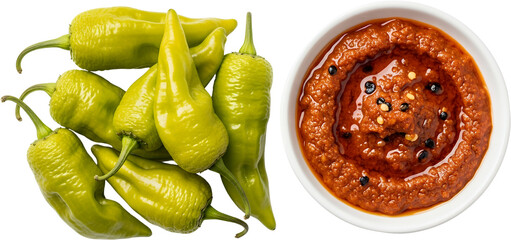 Pile of fresh green peppers next to a bowl of red chili paste with black peppercorns Red paste Spices Food Ingredients Raw