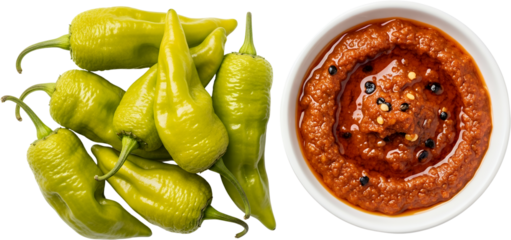 Pile of fresh green peppers next to a bowl of red chili paste with black peppercorns Red paste Spices Food Ingredients Raw