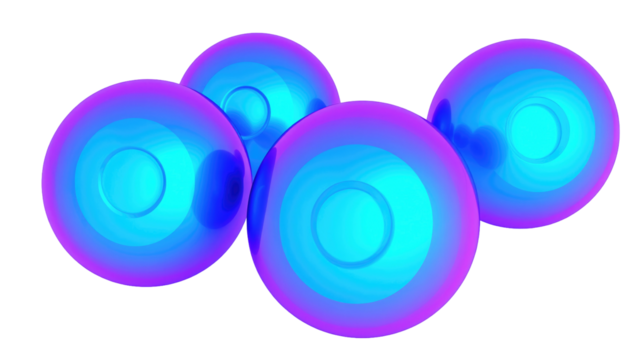 Group of four glowing, layered orbs in shades of blue and purple on a black background, with a concentric circle pattern - Powered by Adobe