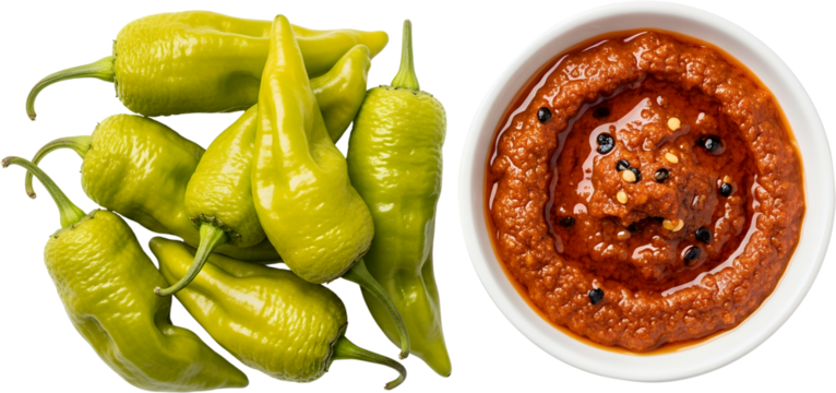 Pile of fresh green peppers next to a bowl of red chili paste with black peppercorns Red paste Spices Food Ingredients Raw
