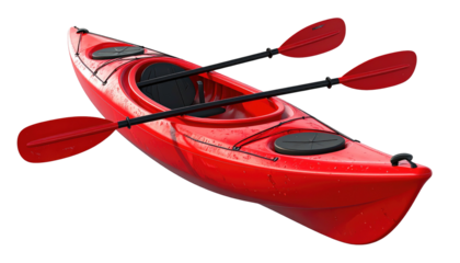 Red kayak with two red paddles, angled view against a black background. Water droplets add a realistic touch
