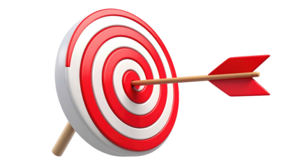 Red arrow hits the bullseye in center of target with concentric rings. Success concept illustration