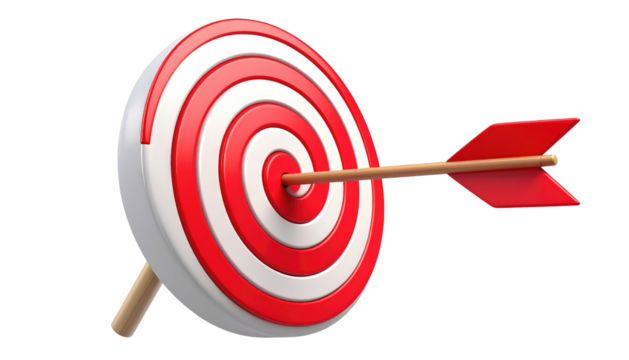 Red arrow hits the bullseye in center of target with concentric rings. Success concept illustration