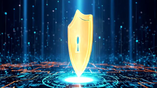 Digital security shield with glowing keyhole amidst a futuristic background