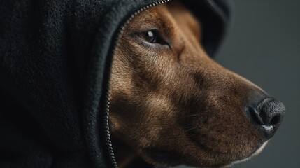 Close-up of dog in hood with intense gaze against dark background