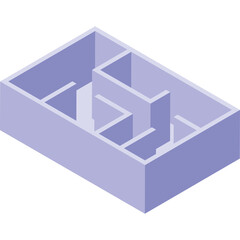 Isometric architectural blueprint of a modern house interior with clear walls and sections in a light purple hue on a white background symbolizing design and planning