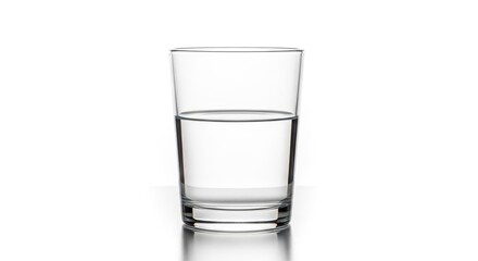 A clear glass filled halfway with pure water on a white background.