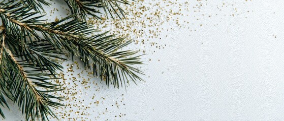 Festive evergreen branches with gold glitter on white background