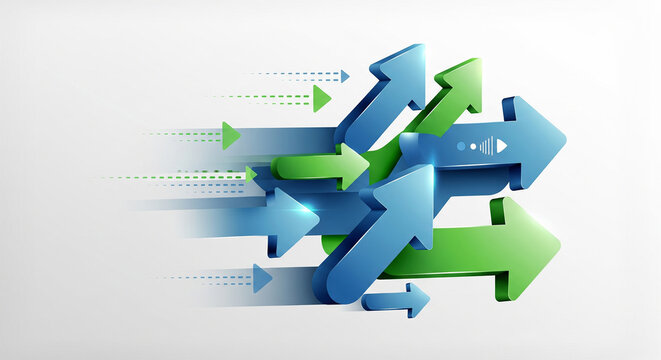 Blue and green arrows moving forward, representing progress, forward direction, business improvement, and strategic planning on a clean background