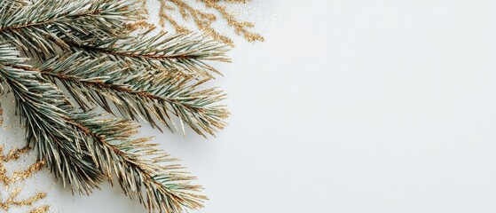 Festive christmas pine branches with gold glitter decor on white background. Space for text, wallpaper, banner