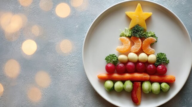 Creative fruit and vegetable christmas tree with star on white plate