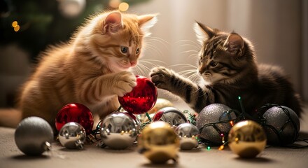 Two adorable kittens, one ginger and one tabby, playing with shiny red and silver Christmas ornaments on the floor.