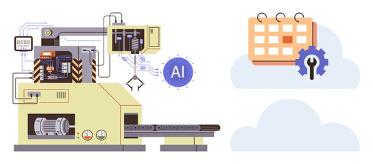 Factory machine with AI processing, robotic arm, conveyor belt, cloud-linked calendar with gear icon. Ideal for technology, automation, manufacturing, AI efficiency scheduling workflow. Simple