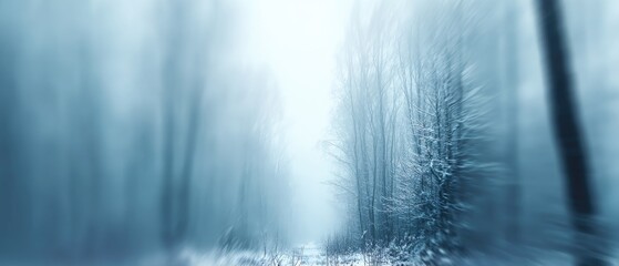 Mystical winter forest with snow-covered trees and blurry atmospheric haze. Space for text, wallpaper, banner