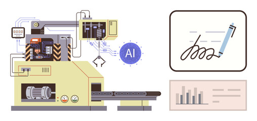 Advanced robotic machine integrating AI for automated production, paired with analytics dashboard and digital pen signature. Ideal for technology, automation, innovation, AI, manufacturing, process