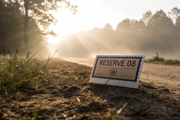 A stamped Reserve 08 card resting on a field in morning sunlight