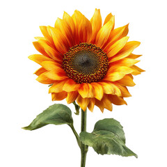 Obraz premium Bright sunflower with yellow petals and green leaves isolated against a solid black background, studio lighting