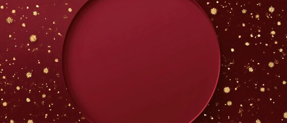 Elegant red and gold circular design with floral elements on textured background. Space for text, wallpaper, banner