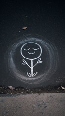 Symbolic visual storytelling - Chalk Drawing of a Smiling Stick Figure Meditating on Asphalt - conceptual art