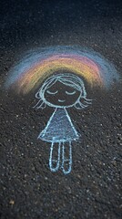 Philosophical design vision - Colorful Chalk Drawing of Smiling Girl with Rainbow on Pavement - conceptual art