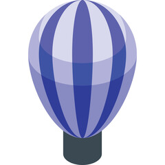 Isometric Blue And White Striped Hot Air Balloon Isolated On Transparent Background With Dark Grey Basket