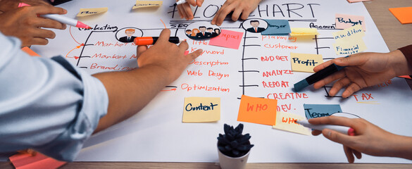 A diverse team engages in collaborative project planning using colorful sticky notes and markers. The vibrant visual aids enhance communication and productivity. SACTR