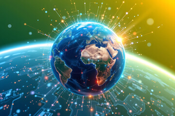 A dynamic digital rendering of Earth viewed from space, featuring a vibrant gradient color palette of blues and greens