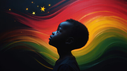 African American child looking at stars, Black History Month celebration, red yellow green waves, hope and future, cultural pride, Pan-African colors, dream and identity, symbolic background