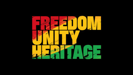 Black history month celebration message, bold typography in rastafarian colors, heritage and unity emphasis, cultural pride, impactful design on a black background