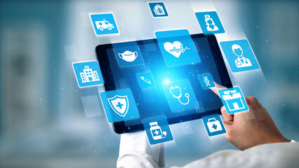 Healthcare icons show medical service, healthcare support, and patient treatment. Healthcare...