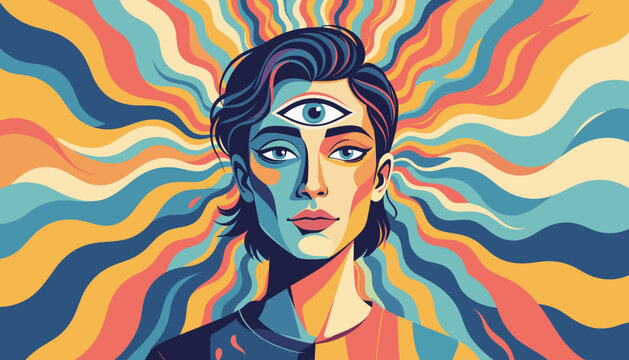 Psychedelic art of a person with third eye for esoteric poster or creative album cover design