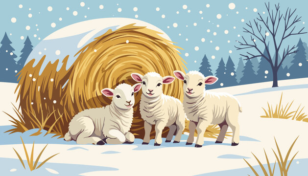 Three cute lambs near snowy haystack, a charming scene for a Christmas card or children's book