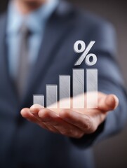 professional shows growth with a percentage chart presented on an open hand for financial success