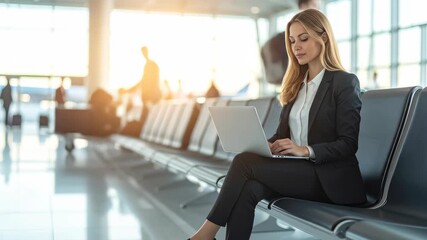 Elegant businesswoman working on a laptop computer while waiting for her flight in the airport terminal lounge - Powered by Adobe