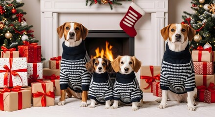 A family of four adorable dogs wearing matching striped sweaters in front of a cozy Christmas fireplace with presents.