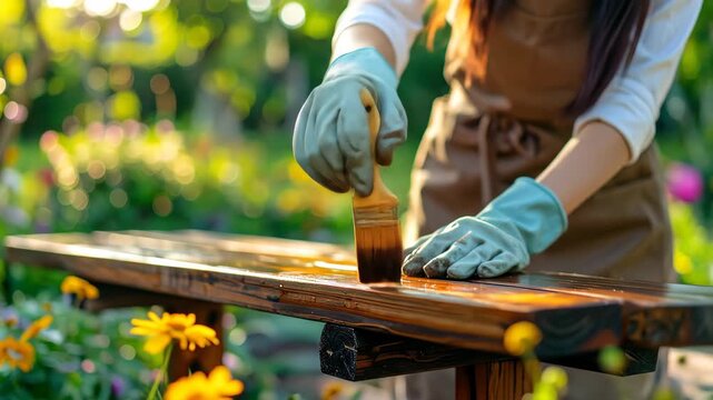 A woman in an apron and gloves carefully applying a protective coat of varnish to a wooden bench in a sunny garden