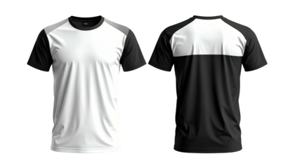 Front & back view of a black and white crew neck t-shirt. Crew, short sleeves and straight hem on a mannequin