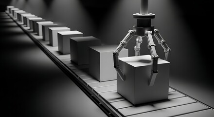 Sleek robotic arm carefully lifting product from conveyor belt, showcasing industrial automation and modern manufacturing efficiency, with a futuristic grayscale aesthetic and dynamic composition