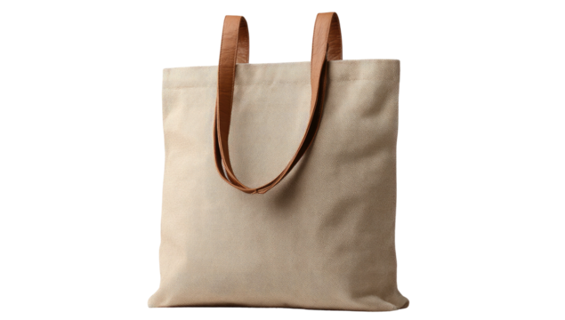 Beige tote bag featuring tan leather handles against a dark background in a portrait orientation