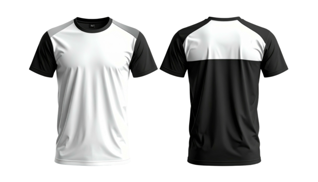 Front & back view of a black and white crew neck t-shirt. Crew, short sleeves and straight hem on a mannequin