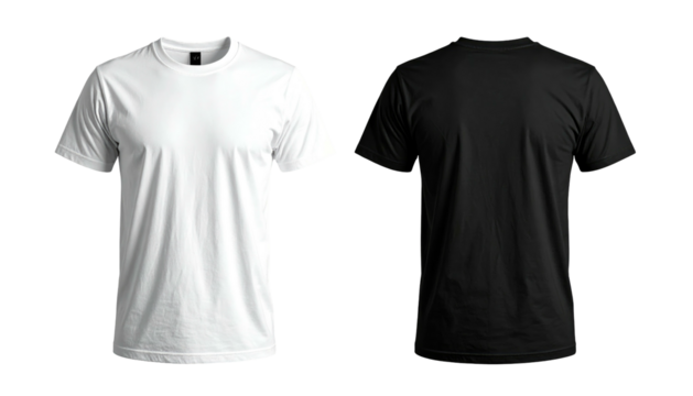 White and black T-shirts front/back views on black. Close up, simple, isolated fashion item