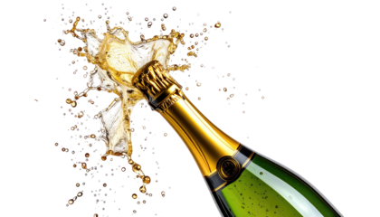 Champagne erupts from a bottle, creating a dynamic splash of liquid against a stark black background