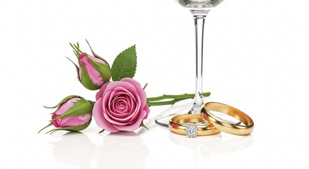 Elegant wedding composition featuring a beautiful pink rose, two golden rings, and a wine glass as a romantic mockup, isolated on white background