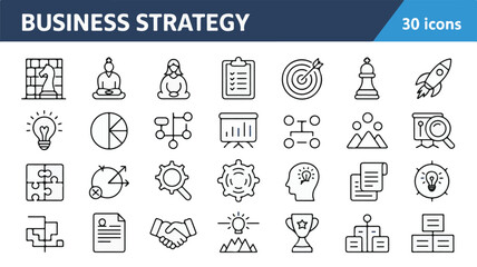 Obraz premium 30 business strategy icons neatly arranged in grid on white background (1)_traced