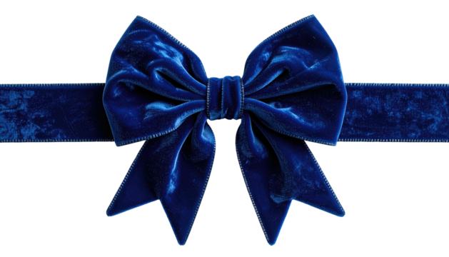 Rich dark blue velvet ribbon tied into a bow, centered on a matching velvet band, against a black background
