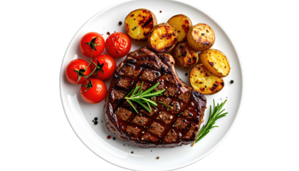 Top view of grilled steak with tomatoes and golden roasted potatoes served on white plate, garnished with rosemary