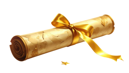 Ornate, gold-hued scroll tied with a luminous ribbon. Crinkled paper and rolled ends provide realistic detail against black